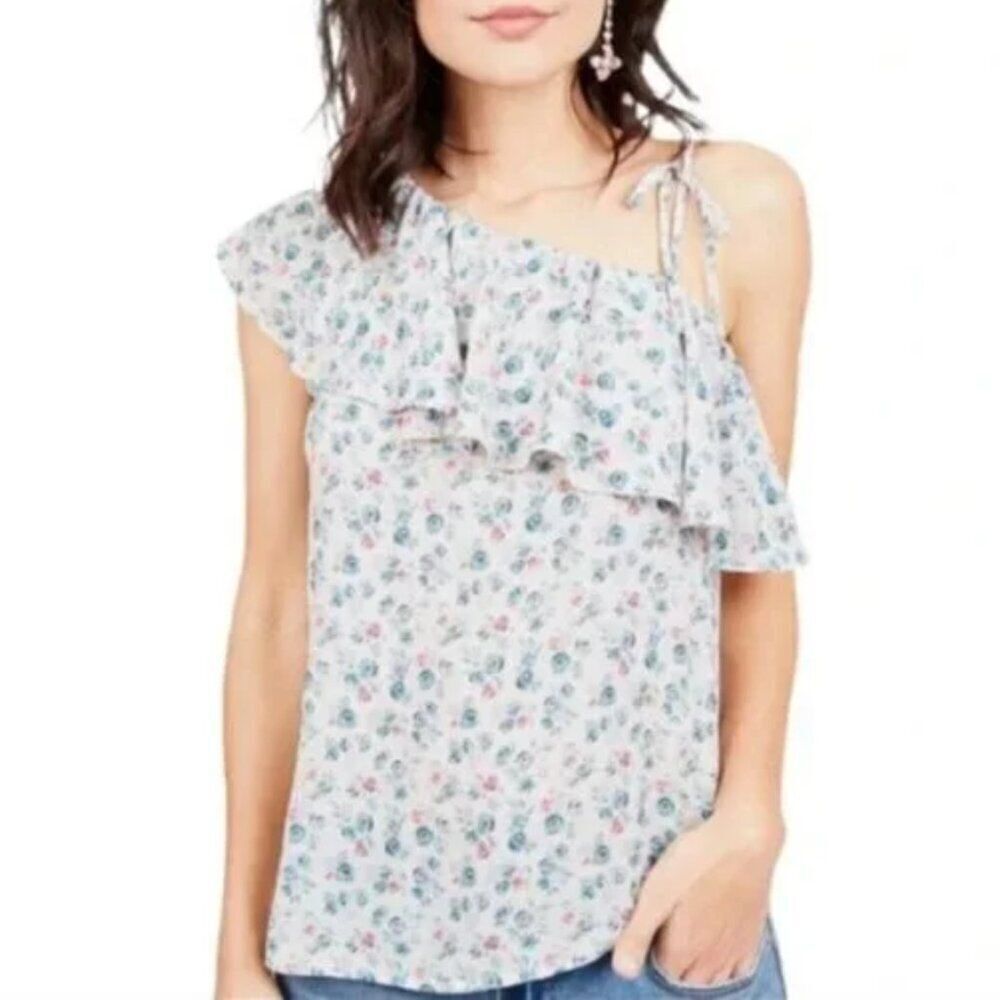 Octavia Bohemian Blue & White Floral Print One-Shoulder Ruffle Top Sz. L NWOT